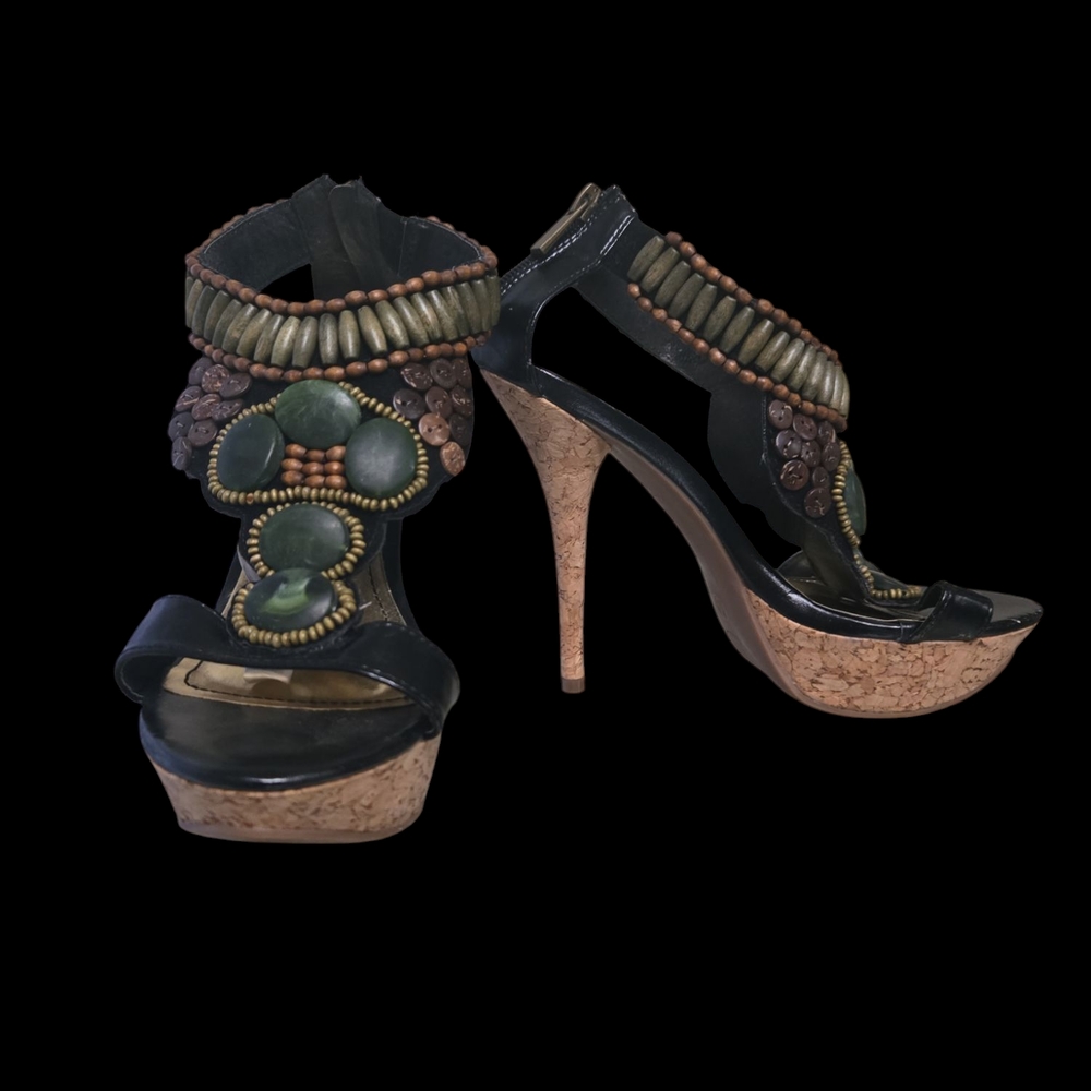 Black and Brown Beaded Platform Heels